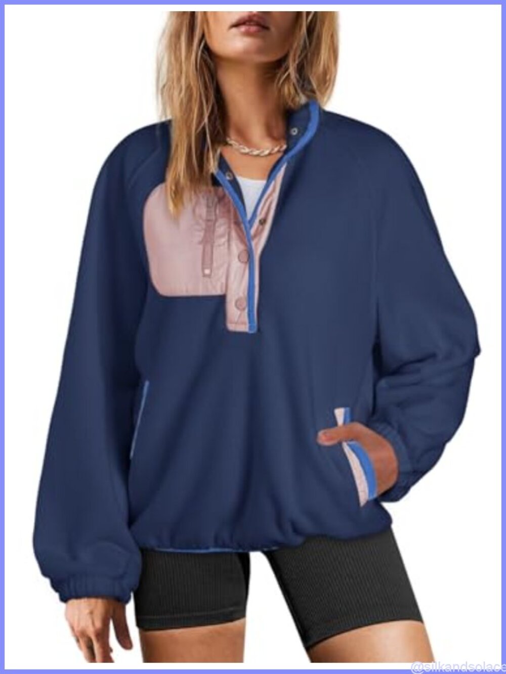 Oversized Fuzzy Fleece Sweatshirt Button V-Neck Pullover with Pockets